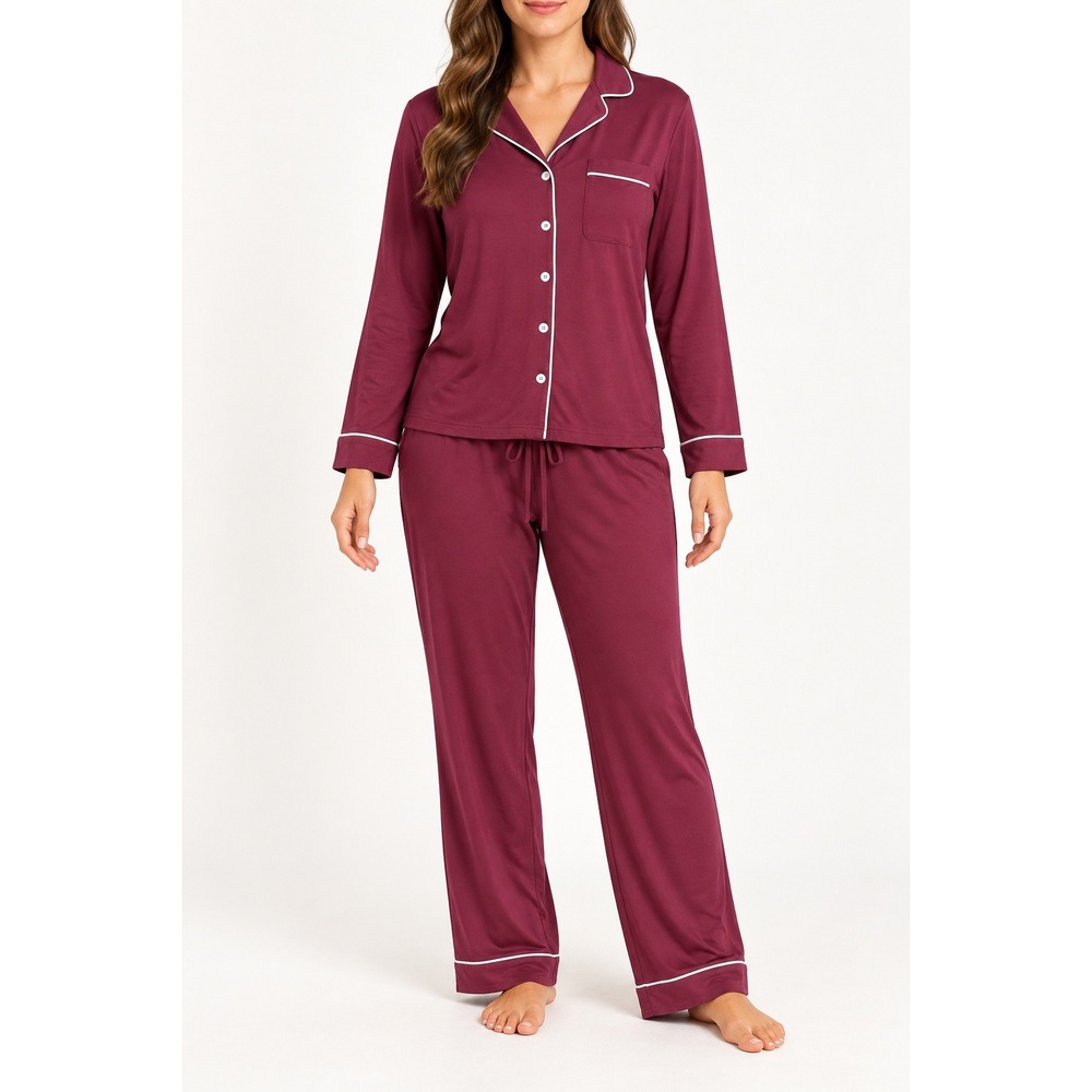 Cozy Earth Pajama Set Women Lg Burgundy Bamboo Viscose Long Sleeve Button Down